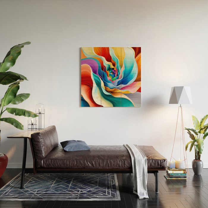 Colorful Abstract Flower in Red Pink Blue Green Yellow Wood Wall Art Gallery Image 2