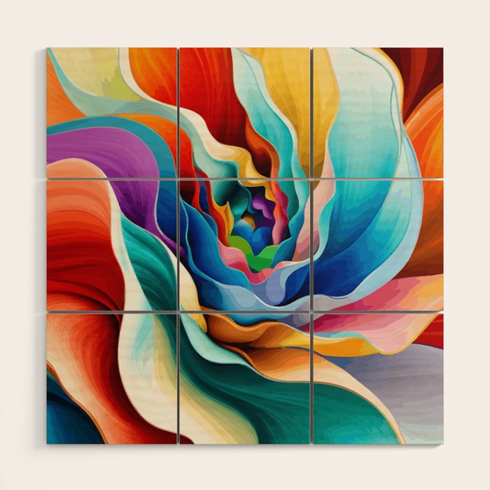Colorful Abstract Flower in Red Pink Blue Green Yellow Wood Wall Art Gallery Image 1