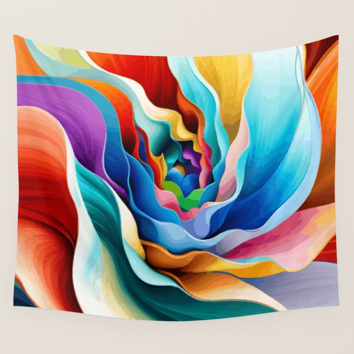 Colorful Abstract Flower in Red Pink Blue Green Yellow Wall Tapestry Gallery Image 1