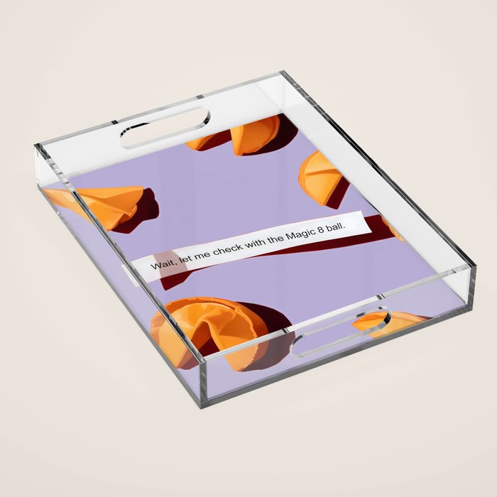 Fortune Cookie & Magic 8 Ball, Funny Cute Typography Illustration, Chinese Food Humor Joke, Fortune-Teller Predict Prophecy Note Violet  Acrylic Tray Gallery Image 1
