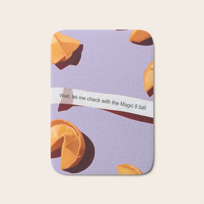 Fortune Cookie & Magic 8 Ball, Funny Cute Typography Illustration, Chinese Food Humor Joke, Fortune-Teller Predict Prophecy Note Violet  Bath Mat Gallery Image 1