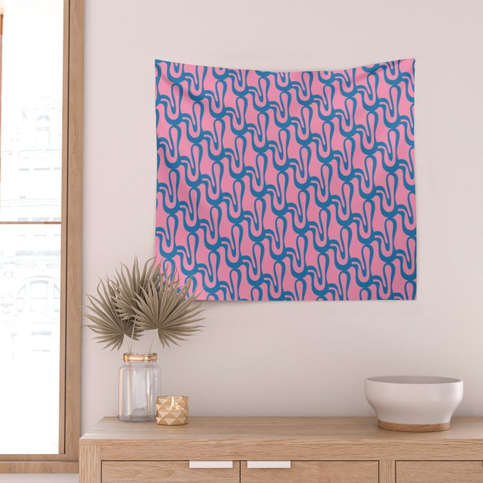 Pop Wiggle Contemporary Abstract Pattern in Pink and Blue Wall Tapestry Gallery Image 2