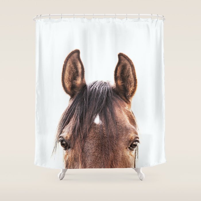 peekaboo horse, bw horse print, horse photo, equestrian, equestrian photo, equestrian decor Shower Curtain Gallery Image 1