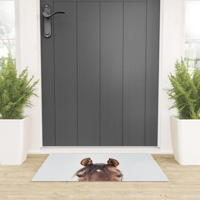 peekaboo horse, bw horse print, horse photo, equestrian, equestrian photo, equestrian decor Welcome Mat Gallery Image 3