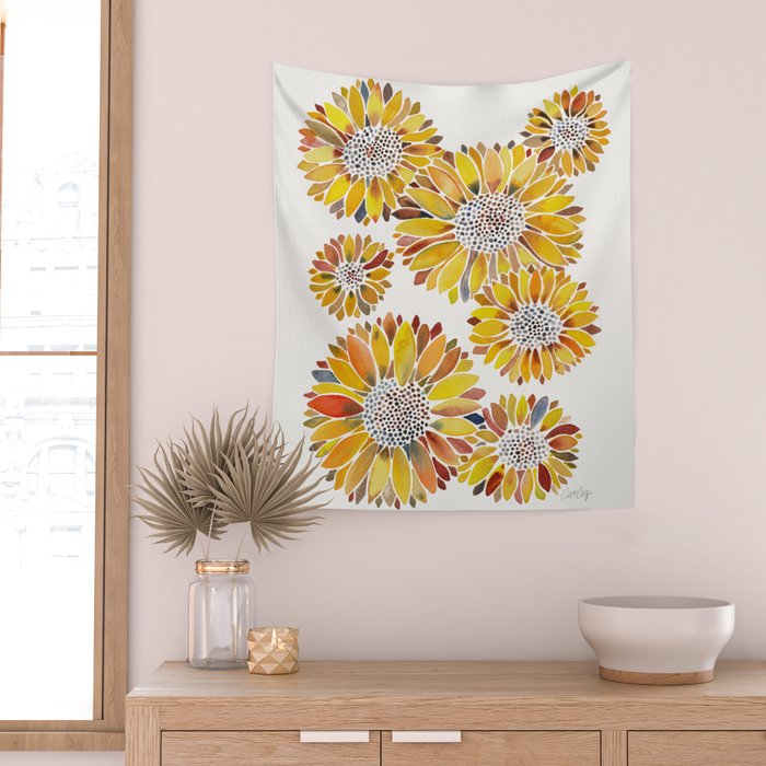 Sunflower Blooms - Yellow Wall Tapestry Gallery Image 2
