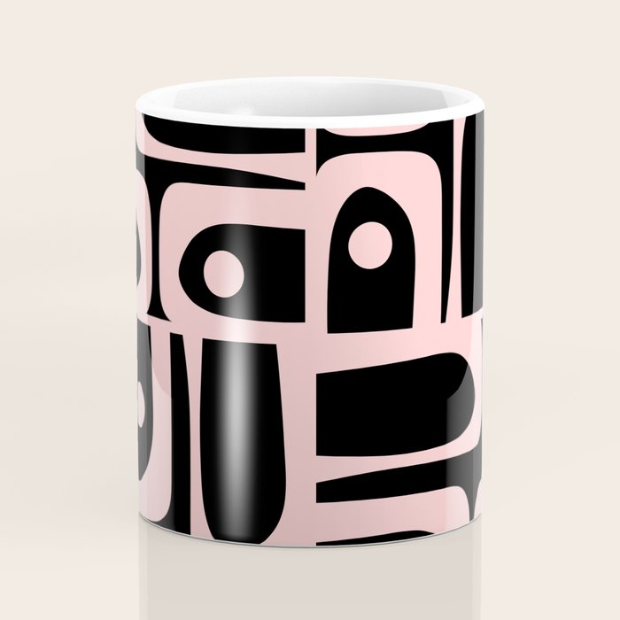 Mid Century Modern Piquet Multi Geometric Pattern in Light Pink and Black Coffee Mug Gallery Image 4