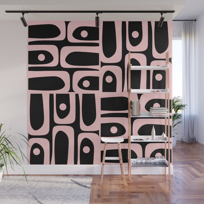 Mid Century Modern Piquet Multi Geometric Pattern in Light Pink and Black Wall Mural Gallery Image 1