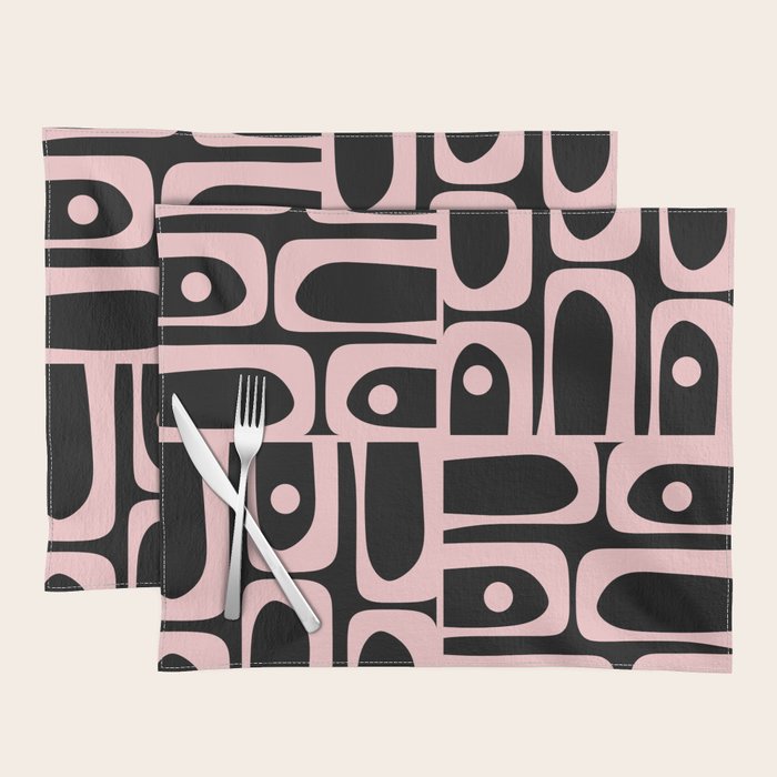 Mid Century Modern Piquet Multi Geometric Pattern in Light Pink and Black Placemat Gallery Image 1