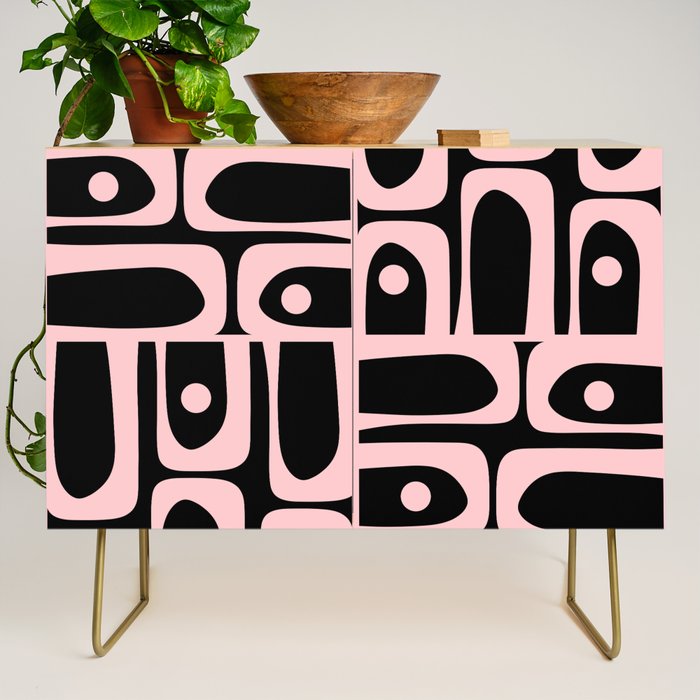 Mid Century Modern Piquet Multi Geometric Pattern in Light Pink and Black Credenza Gallery Image 1