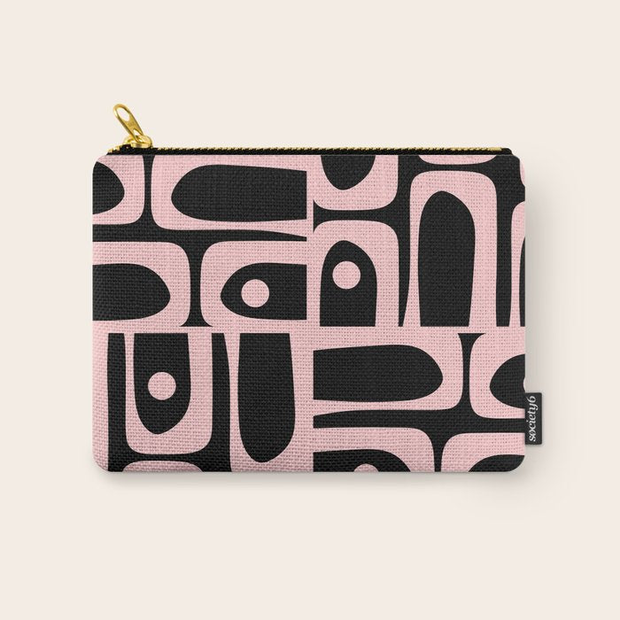 Mid Century Modern Piquet Multi Geometric Pattern in Light Pink and Black Carry All Pouch Gallery Image 1
