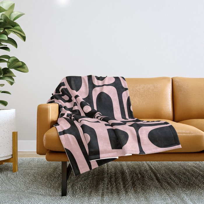 Mid Century Modern Piquet Multi Geometric Pattern in Light Pink and Black Throw Blanket Gallery Image 1