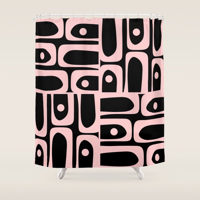 Mid Century Modern Piquet Multi Geometric Pattern in Light Pink and Black Shower Curtain Gallery Image 1