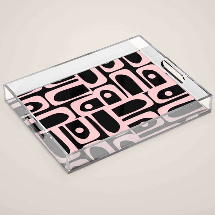 Mid Century Modern Piquet Multi Geometric Pattern in Light Pink and Black Acrylic Tray Gallery Image 1