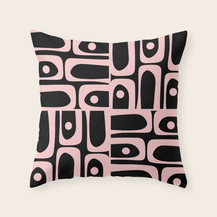 Mid Century Modern Piquet Multi Geometric Pattern in Light Pink and Black Throw Pillow Gallery Image 6