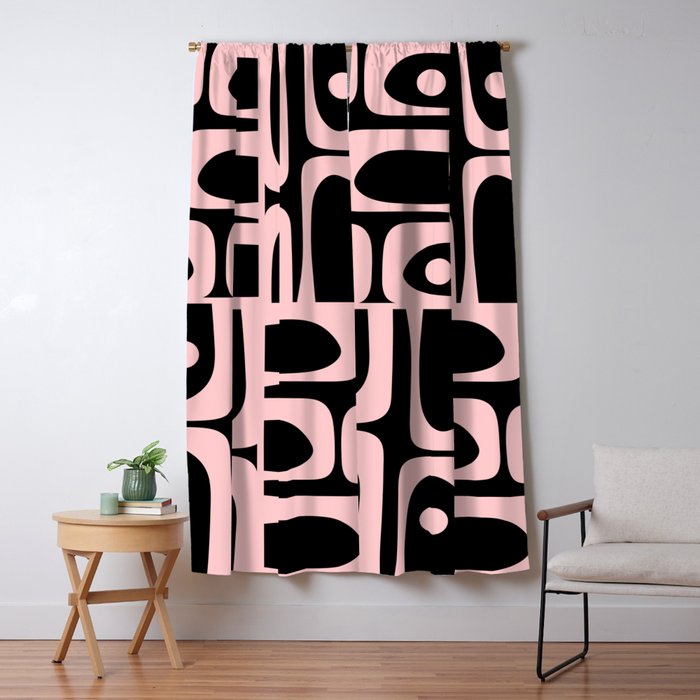 Mid Century Modern Piquet Multi Geometric Pattern in Light Pink and Black Window Curtain Gallery Image 5