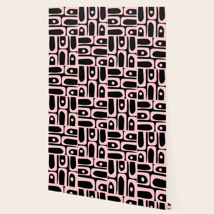 Mid Century Modern Piquet Multi Geometric Pattern in Light Pink and Black Wallpaper Gallery Image 2