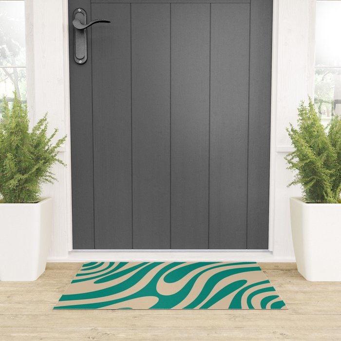 Wavy Loops Retro Abstract Pattern in Mid Mod Teal and Beige Welcome Mat Gallery Image 3