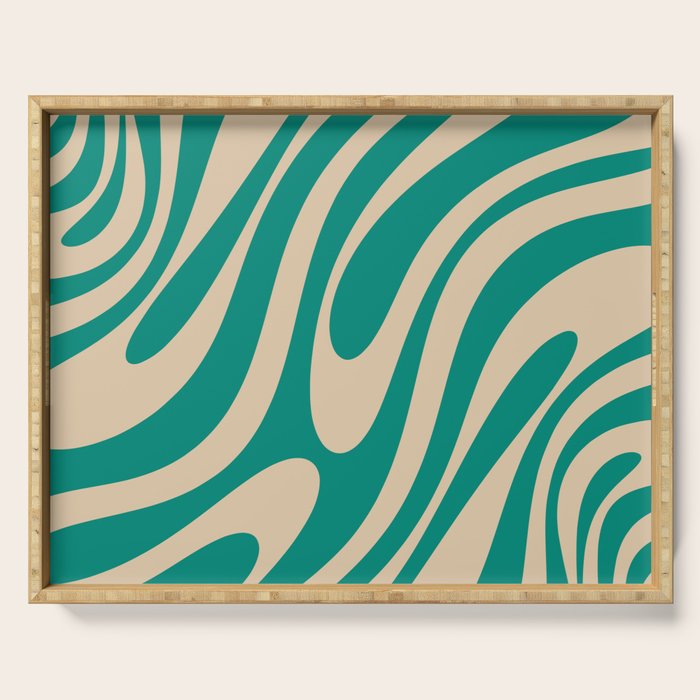 Wavy Loops Retro Abstract Pattern in Mid Mod Teal and Beige Serving Tray Gallery Image 1