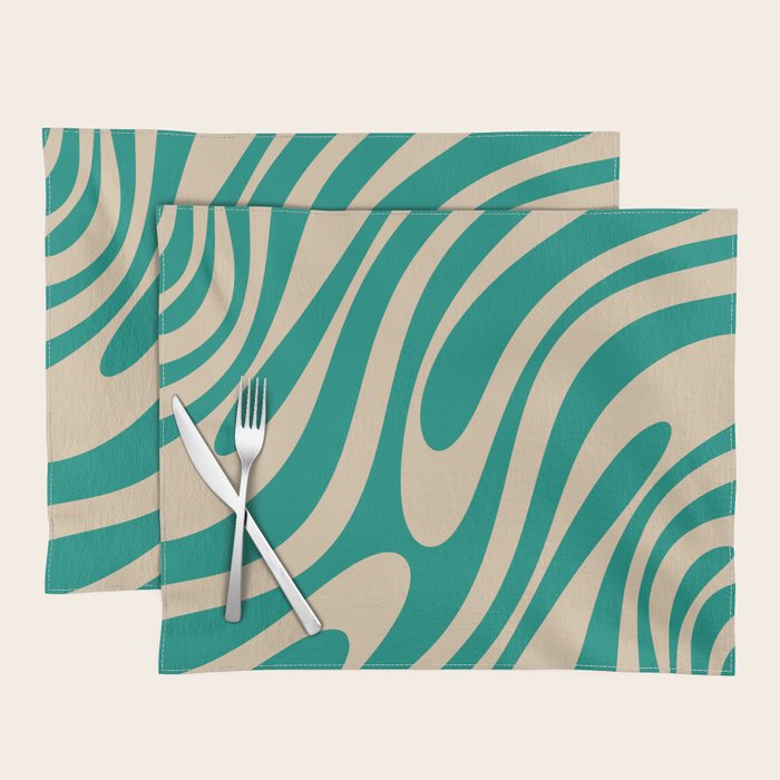 Wavy Loops Retro Abstract Pattern in Mid Mod Teal and Beige Placemat Gallery Image 1