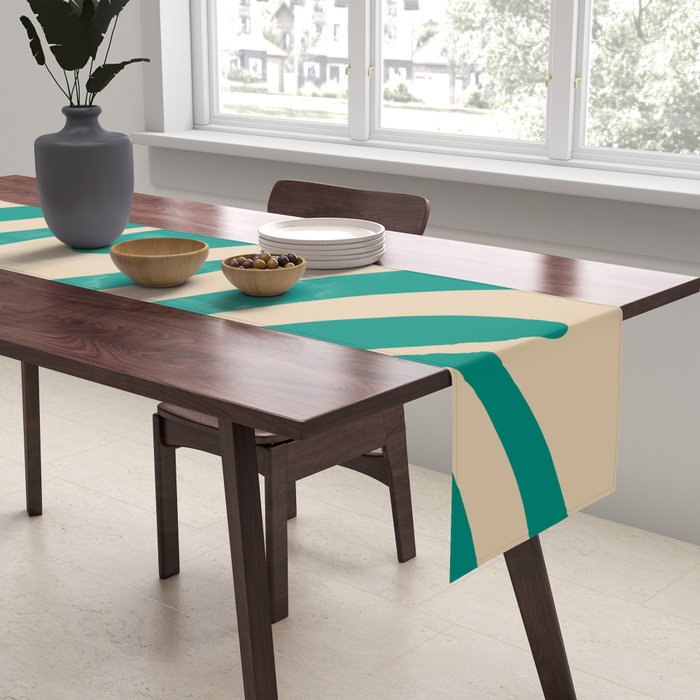 Wavy Loops Retro Abstract Pattern in Mid Mod Teal and Beige Table Runner Gallery Image 2