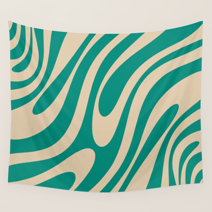 Wavy Loops Retro Abstract Pattern in Mid Mod Teal and Beige Wall Tapestry Gallery Image 4