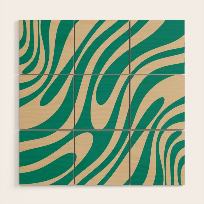 Wavy Loops Retro Abstract Pattern in Mid Mod Teal and Beige Wood Wall Art Gallery Image 1