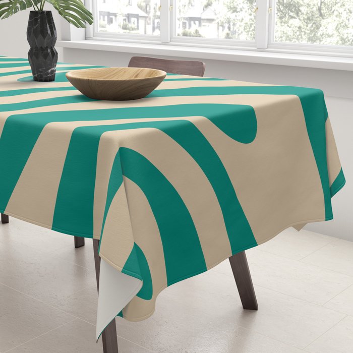 Wavy Loops Retro Abstract Pattern in Mid Mod Teal and Beige Tablecloth Gallery Image 3