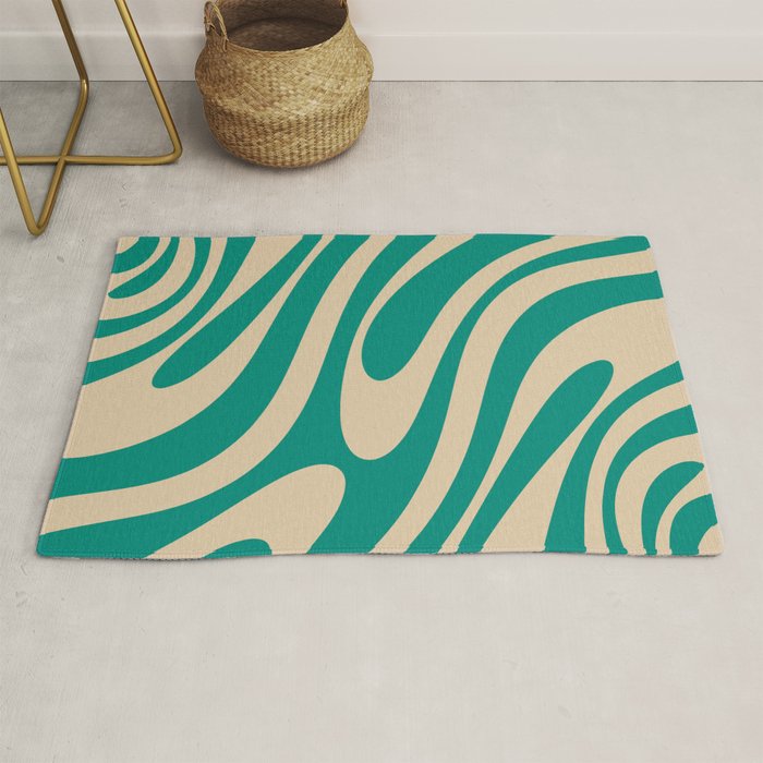 Wavy Loops Retro Abstract Pattern in Mid Mod Teal and Beige Rug Gallery Image 1