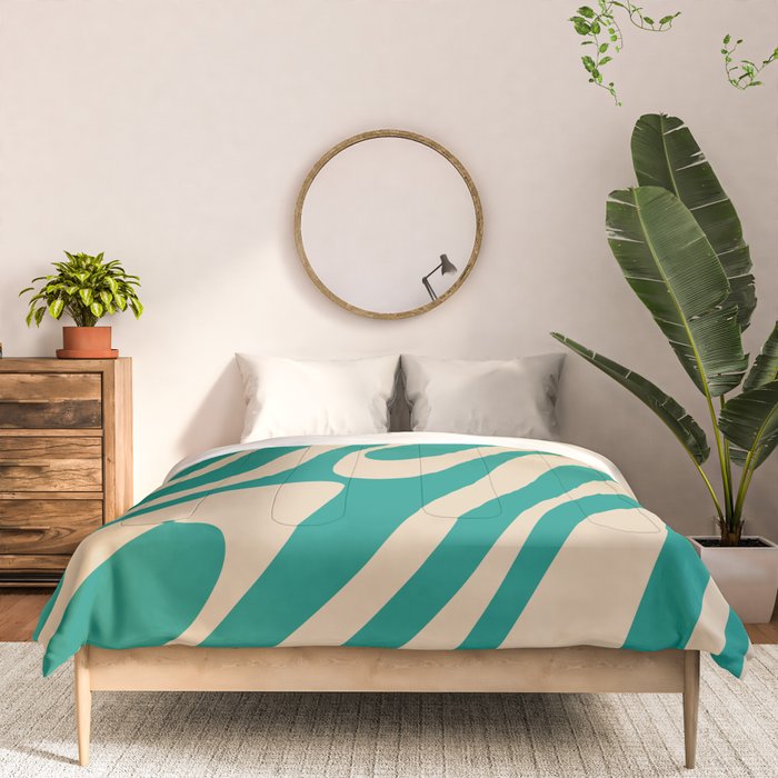 Wavy Loops Retro Abstract Pattern in Mid Mod Teal and Beige Comforter Gallery Image 3