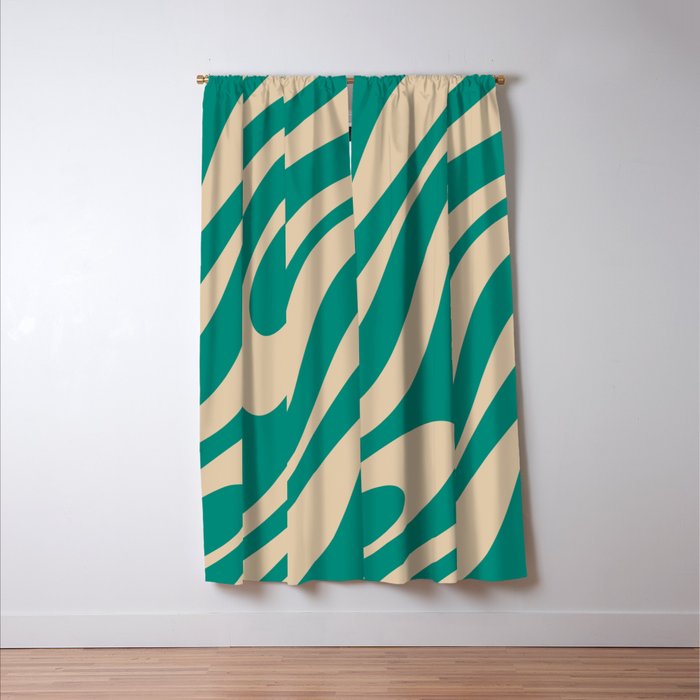 Wavy Loops Retro Abstract Pattern in Mid Mod Teal and Beige Window Curtain Gallery Image 3