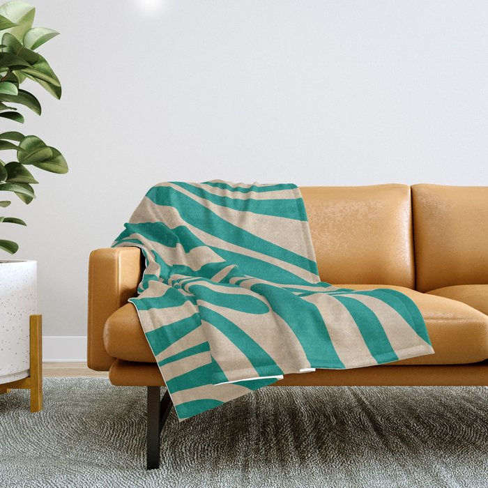 Wavy Loops Retro Abstract Pattern in Mid Mod Teal and Beige Throw Blanket Gallery Image 1
