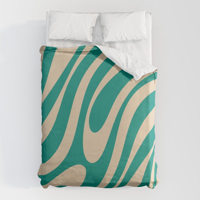 Wavy Loops Retro Abstract Pattern in Mid Mod Teal and Beige Duvet Cover Gallery Image 1