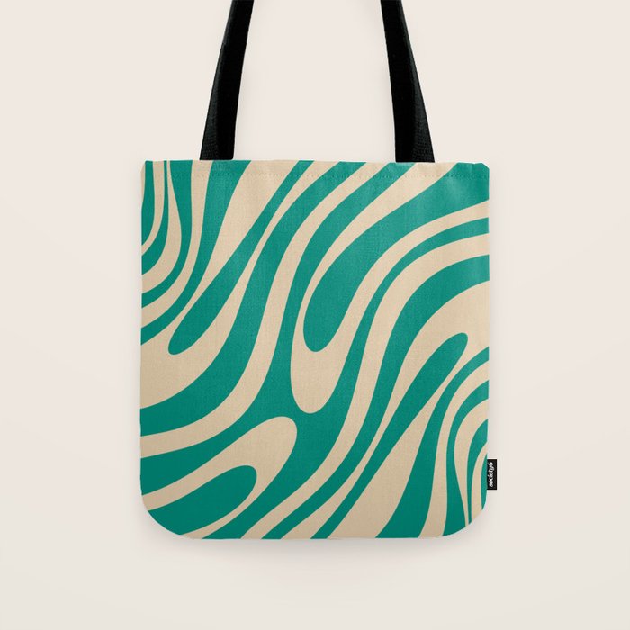 Wavy Loops Retro Abstract Pattern in Mid Mod Teal and Beige Tote Bag Gallery Image 1
