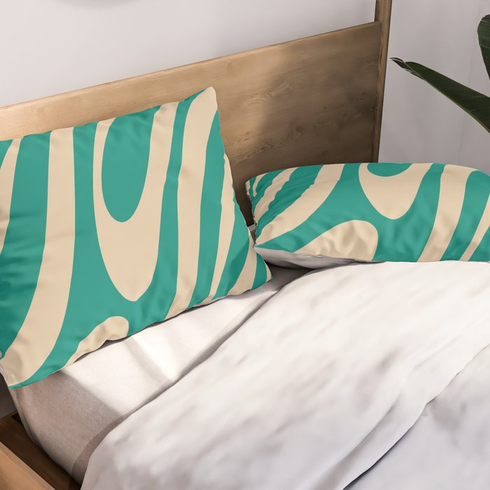 Wavy Loops Retro Abstract Pattern in Mid Mod Teal and Beige Pillow Sham Gallery Image 2