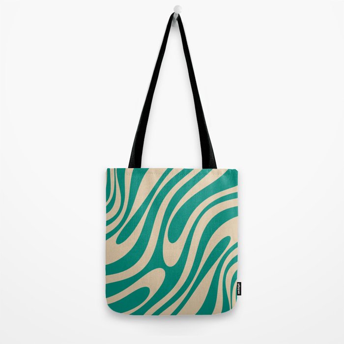 Wavy Loops Retro Abstract Pattern in Mid Mod Teal and Beige Tote Bag Gallery Image 2