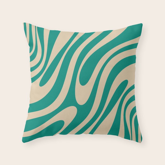 Wavy Loops Retro Abstract Pattern in Mid Mod Teal and Beige Throw Pillow Gallery Image 1