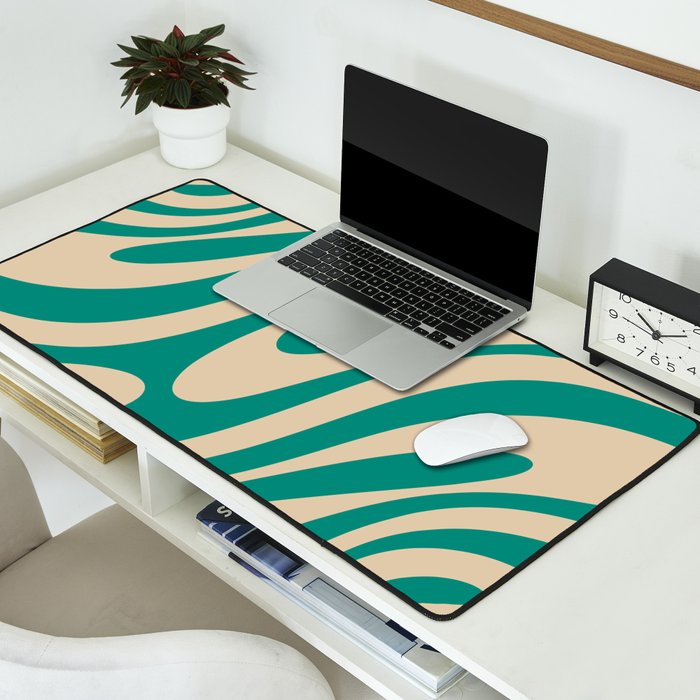 Wavy Loops Retro Abstract Pattern in Mid Mod Teal and Beige Desk Mat Gallery Image 2