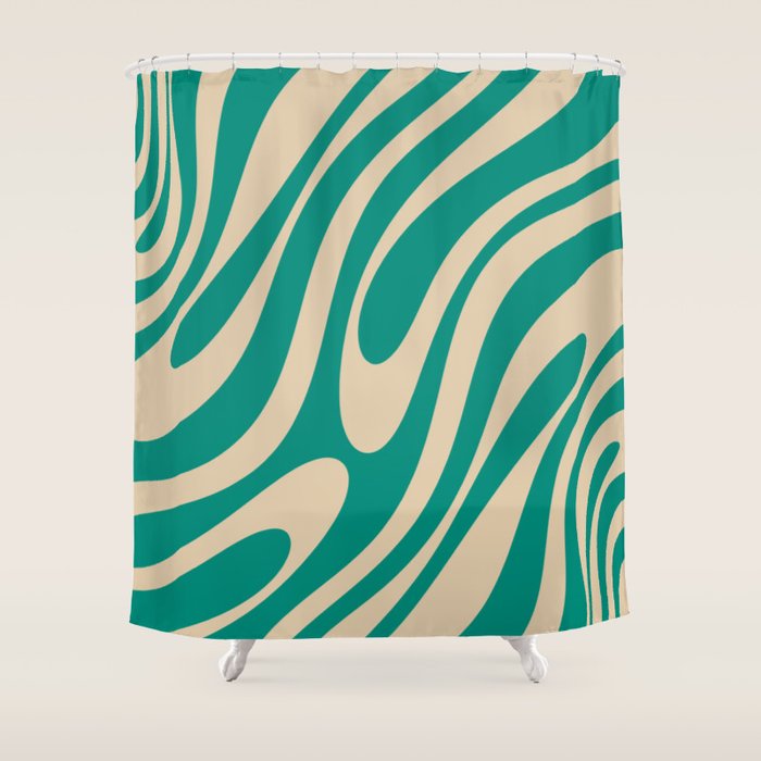 Wavy Loops Retro Abstract Pattern in Mid Mod Teal and Beige Shower Curtain Gallery Image 1