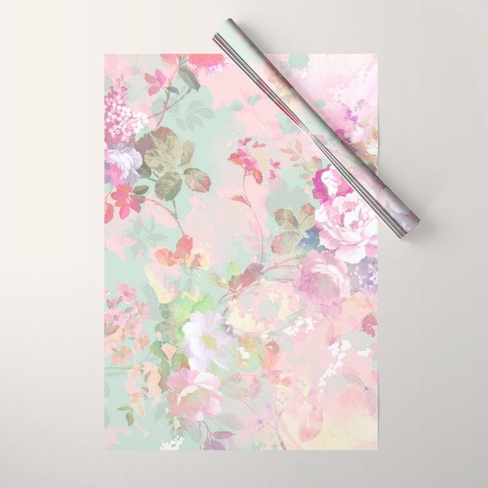 Vintage botanical blush pink mint green floral pattern Wrapping Paper Gallery Image 1