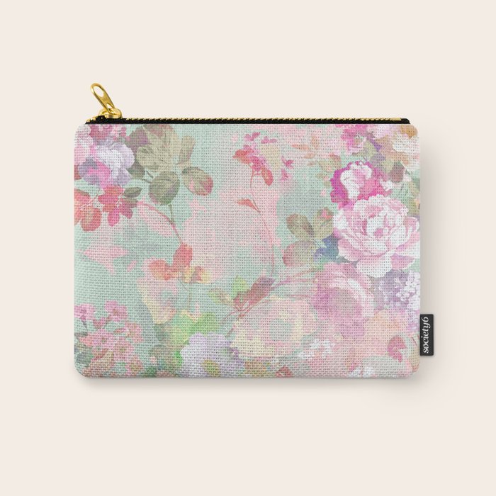 Vintage botanical blush pink mint green floral pattern Carry All Pouch Gallery Image 1
