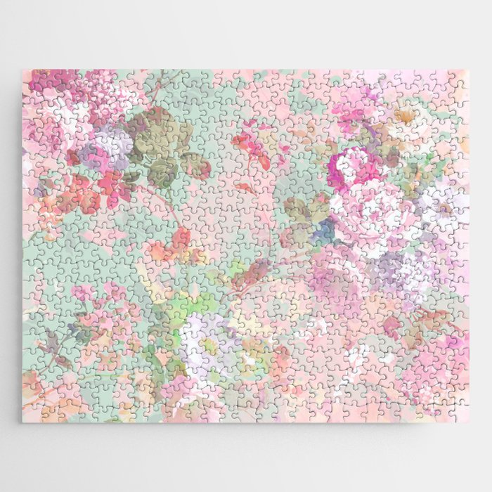 Vintage botanical blush pink mint green floral pattern Jigsaw Puzzle Gallery Image 1