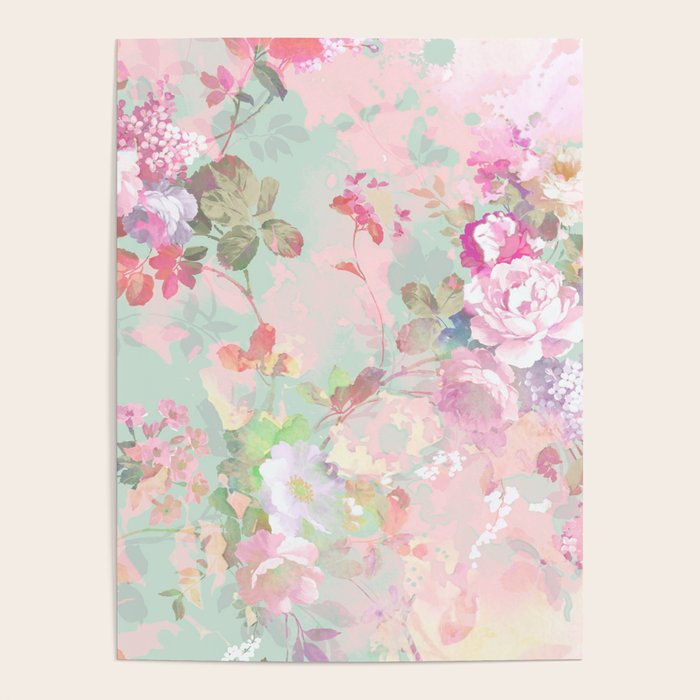 Vintage botanical blush pink mint green floral pattern Poster Gallery Image 4
