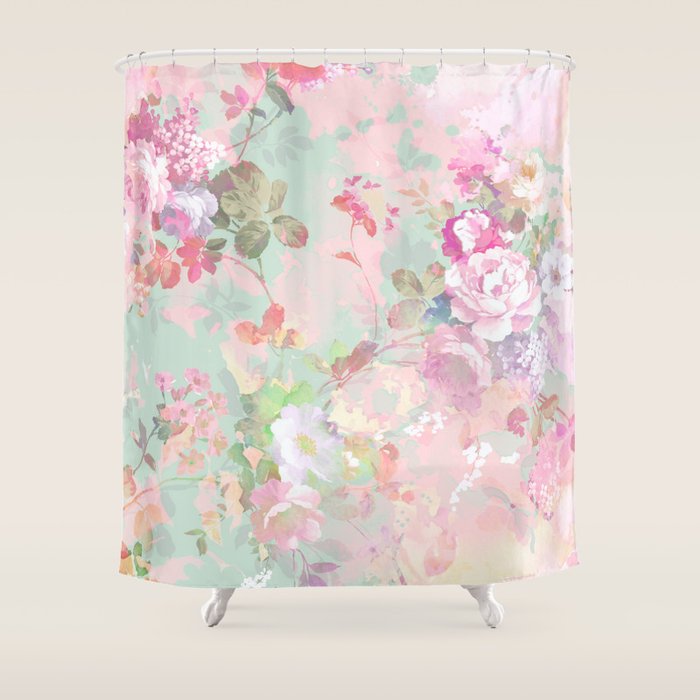 Vintage botanical blush pink mint green floral pattern Shower Curtain Gallery Image 1