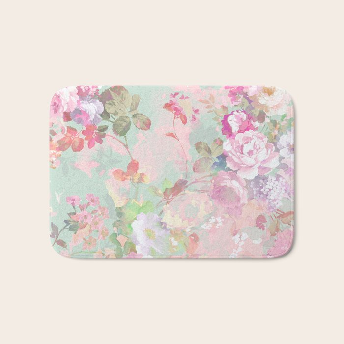 Vintage botanical blush pink mint green floral pattern Bath Mat Gallery Image 1