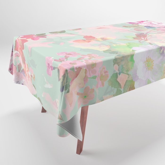 Vintage botanical blush pink mint green floral pattern Tablecloth Gallery Image 1