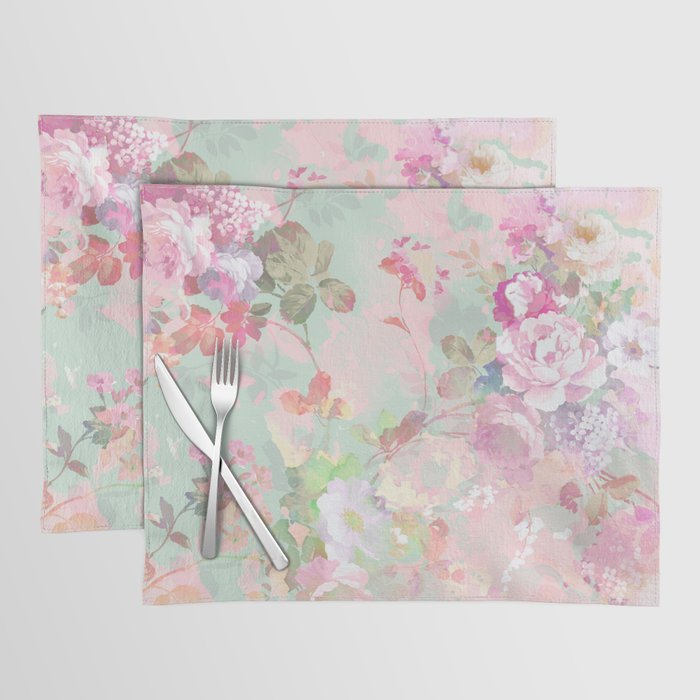Vintage botanical blush pink mint green floral pattern Placemat Gallery Image 1