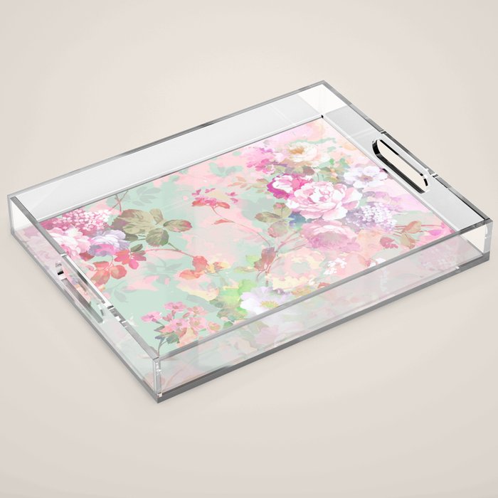 Vintage botanical blush pink mint green floral pattern Acrylic Tray Gallery Image 1