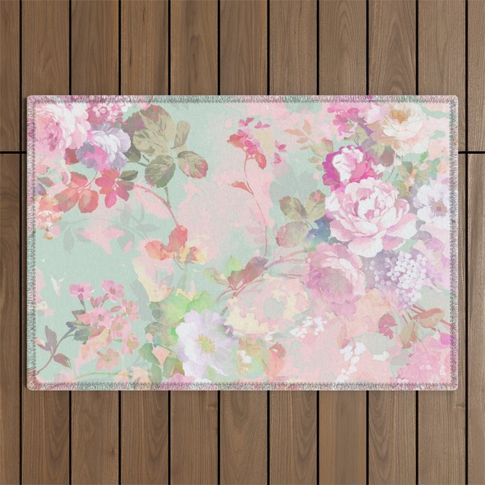 Vintage botanical blush pink mint green floral pattern Outdoor Rug Gallery Image 1