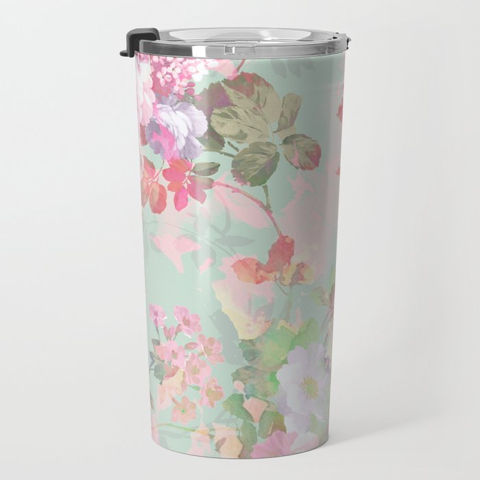 Vintage botanical blush pink mint green floral pattern Travel Mug Gallery Image 3