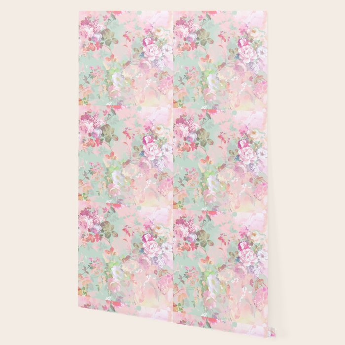 Vintage botanical blush pink mint green floral pattern Wallpaper Gallery Image 2